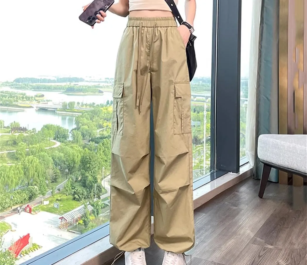 Women Summer Fashion Thin Joggers Pants Straight Cargo Pants Elastic High Waist Slim Trousers