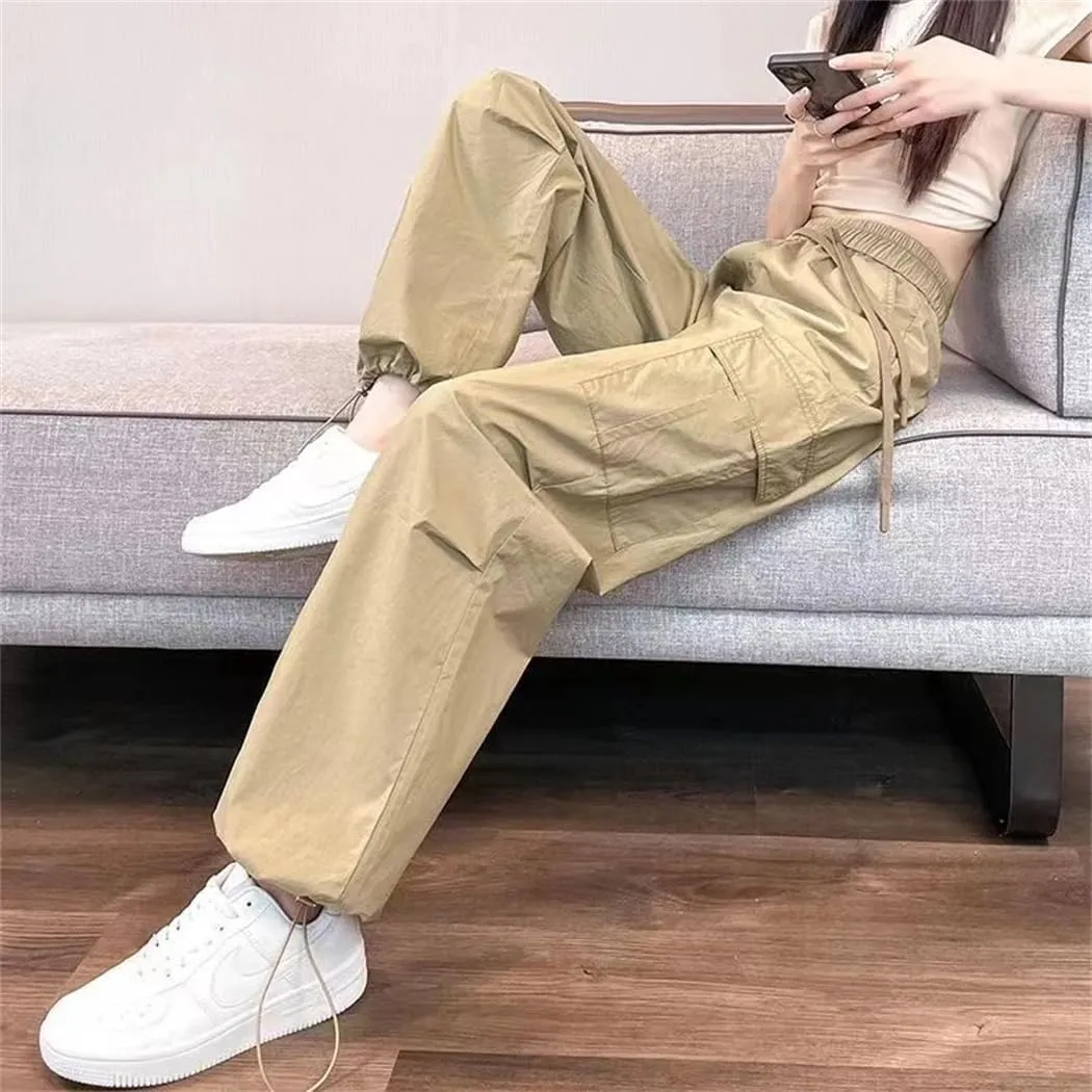 Women Summer Fashion Thin Joggers Pants Straight Cargo Pants Elastic High Waist Slim Trousers
