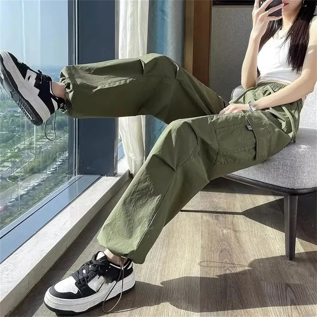 Women Summer Fashion Thin Joggers Pants Straight Cargo Pants Elastic High Waist Slim Trousers