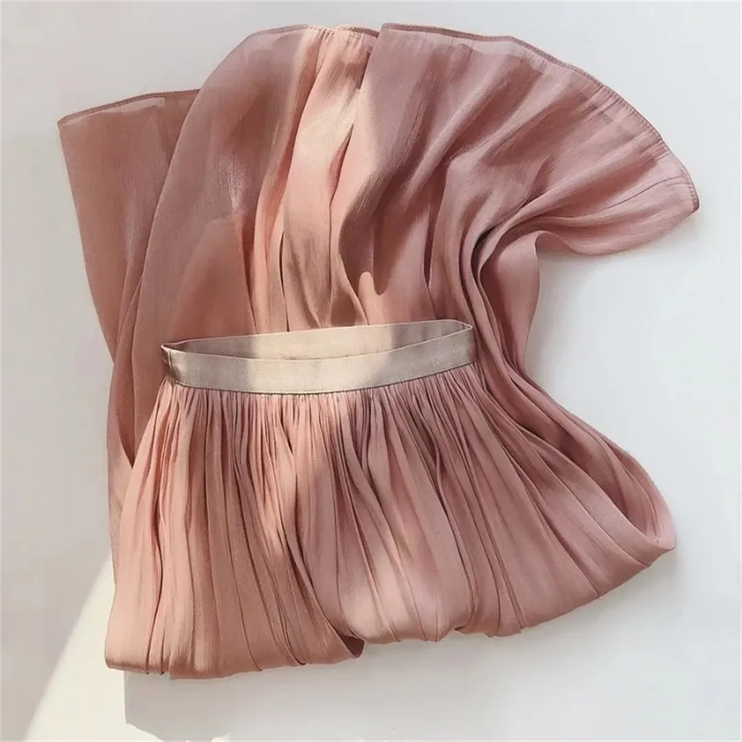 Women Summer Solid Color Long A-Line Pleated Skirt