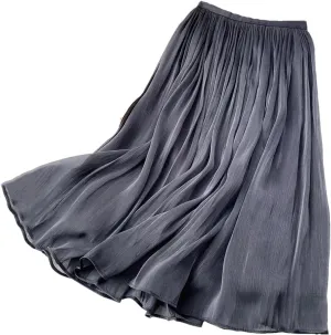 Women Summer Solid Color Long A-Line Pleated Skirt