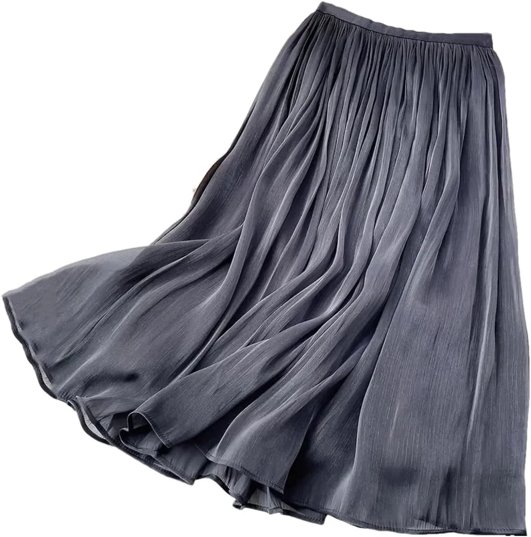 Women Summer Solid Color Long A-Line Pleated Skirt