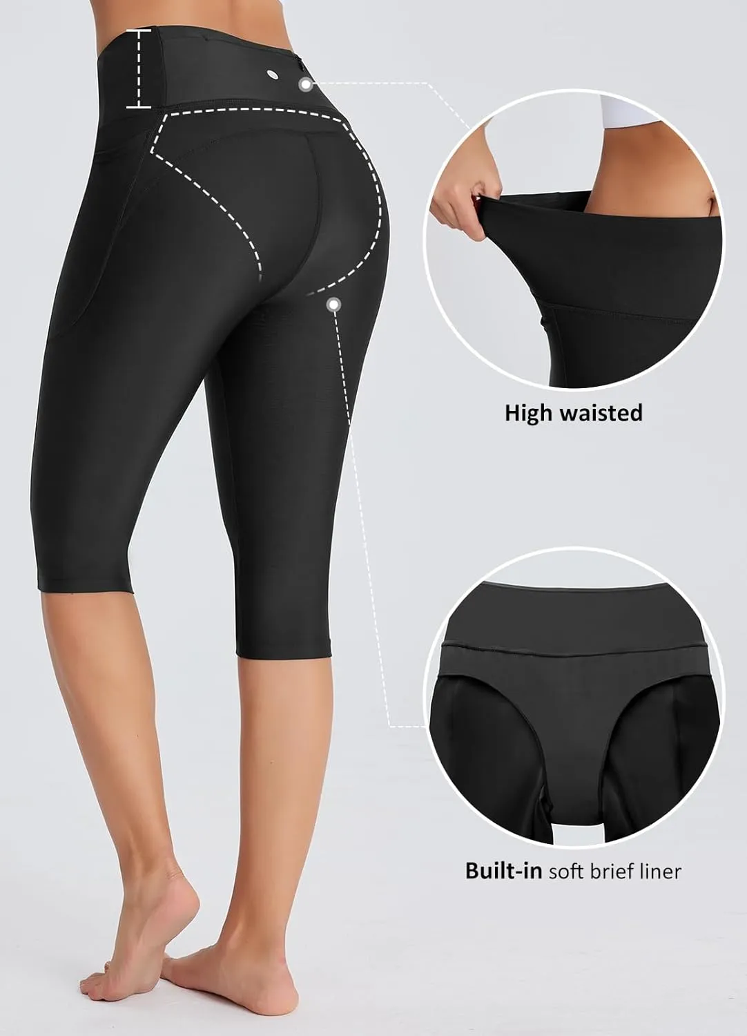 Women's 14" Plus Size Knee Length Tankini Swim Shorts High Waisted Capri Leggings Swimsuits with Liner UPF50 