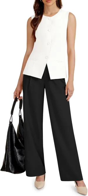 Women's 2 Piece Blazer Outfits Sleeveless Crewneck Vest Wide Leg Pantsuit 2025 Dressy Casual Work Sets