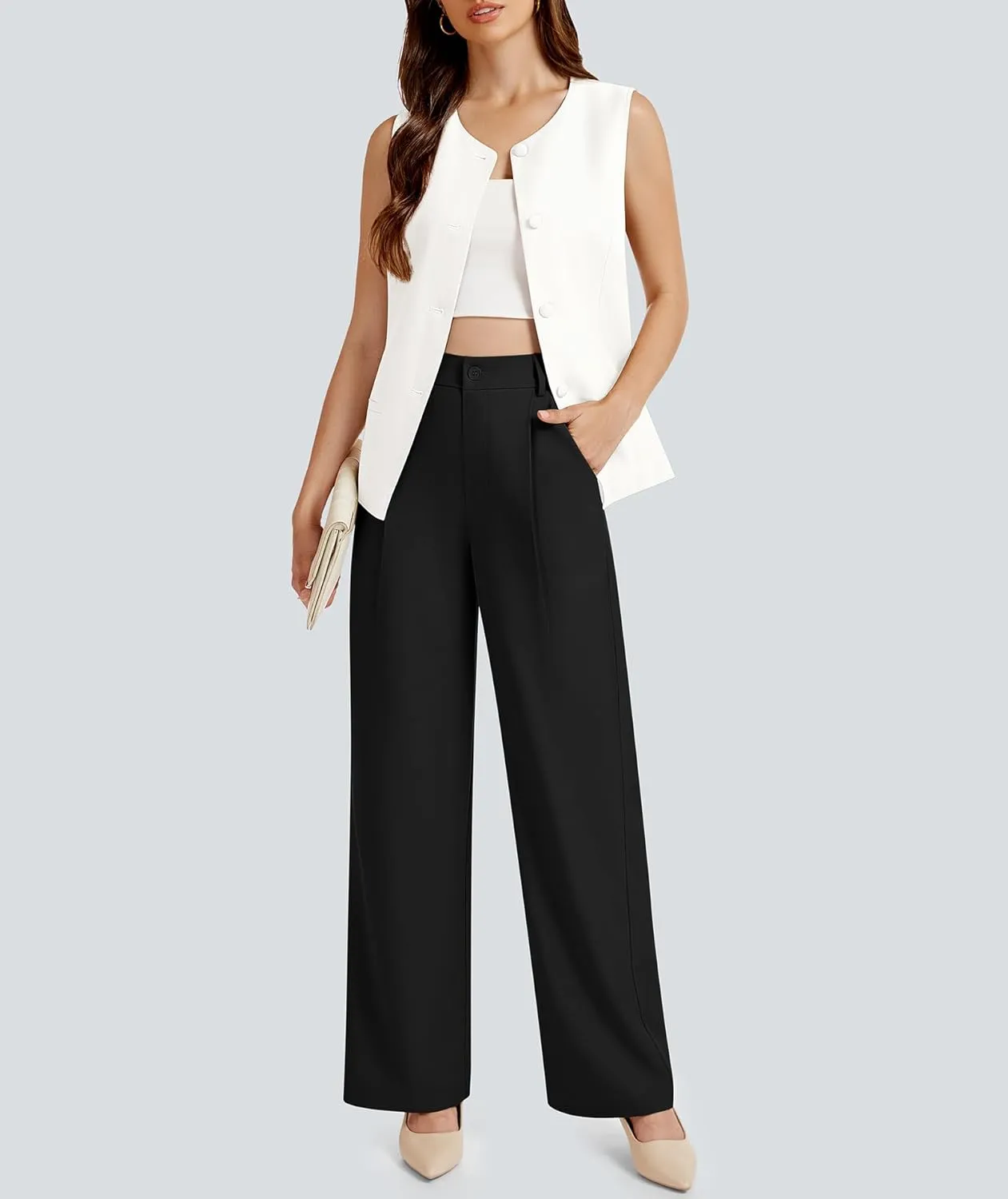 Women's 2 Piece Blazer Outfits Sleeveless Crewneck Vest Wide Leg Pantsuit 2025 Dressy Casual Work Sets