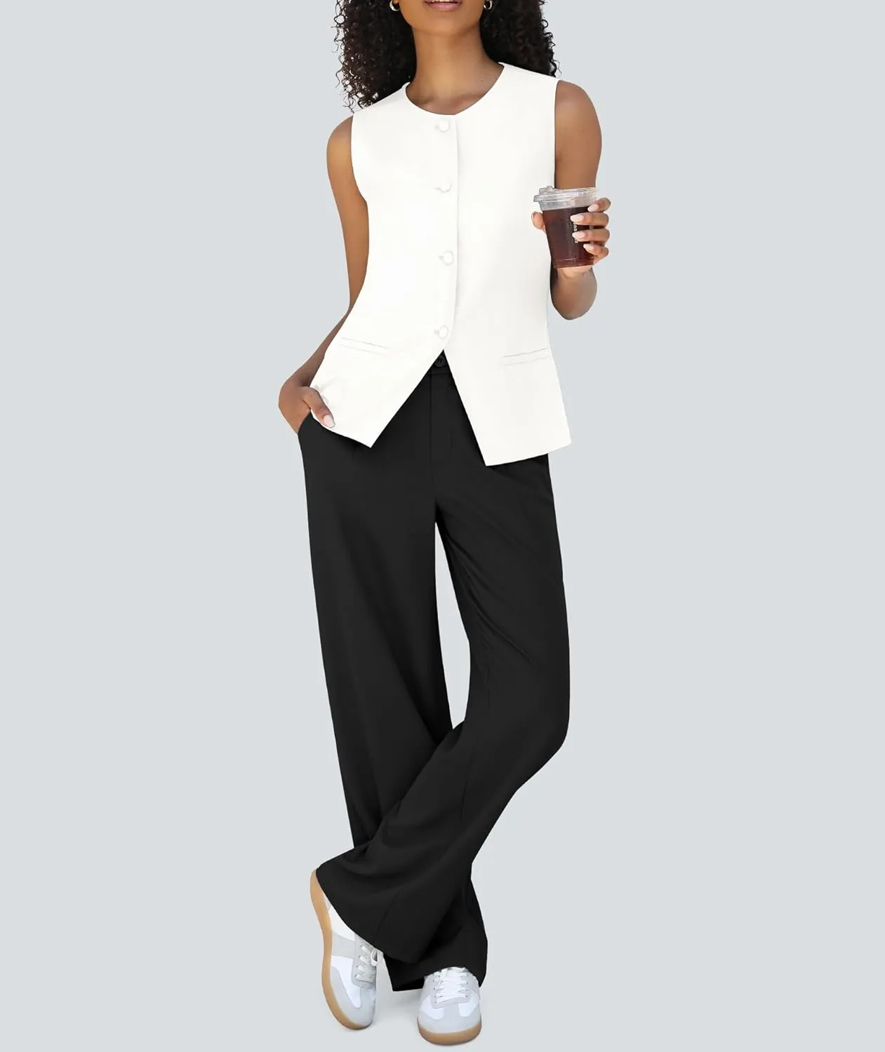 Women's 2 Piece Blazer Outfits Sleeveless Crewneck Vest Wide Leg Pantsuit 2025 Dressy Casual Work Sets