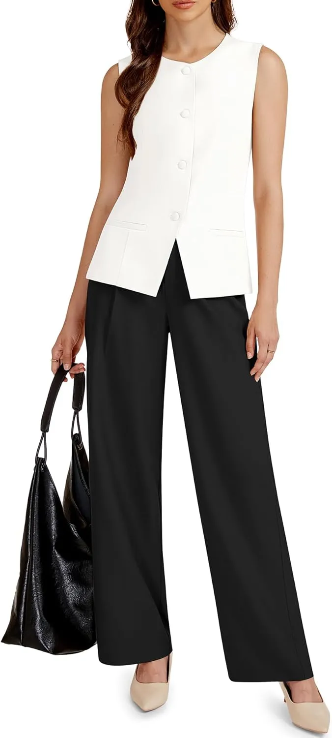 Women's 2 Piece Blazer Outfits Sleeveless Crewneck Vest Wide Leg Pantsuit 2025 Dressy Casual Work Sets