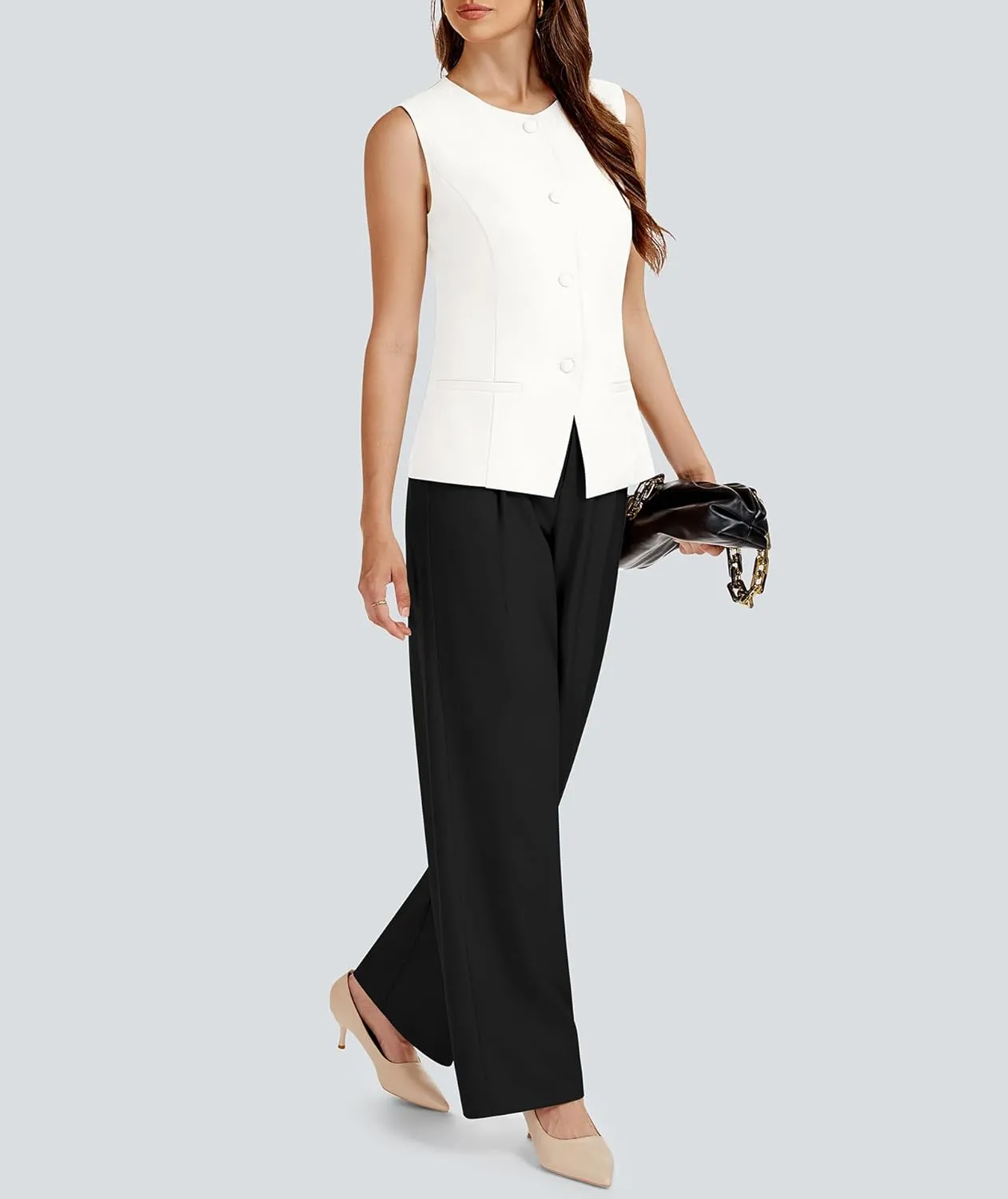 Women's 2 Piece Blazer Outfits Sleeveless Crewneck Vest Wide Leg Pantsuit 2025 Dressy Casual Work Sets