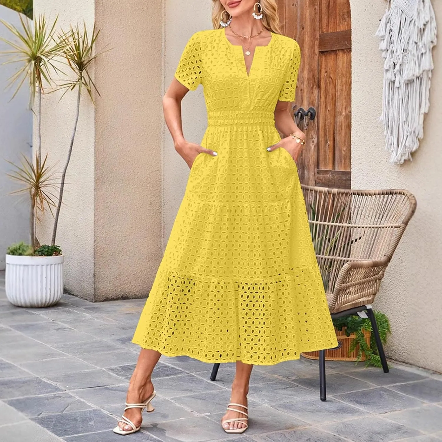 Women's 2025 Summer Maxi Dress V Neck Short Sleeve Hollow Out Casual Eyelet Ruffle Swing A Line Boho Long Dresses