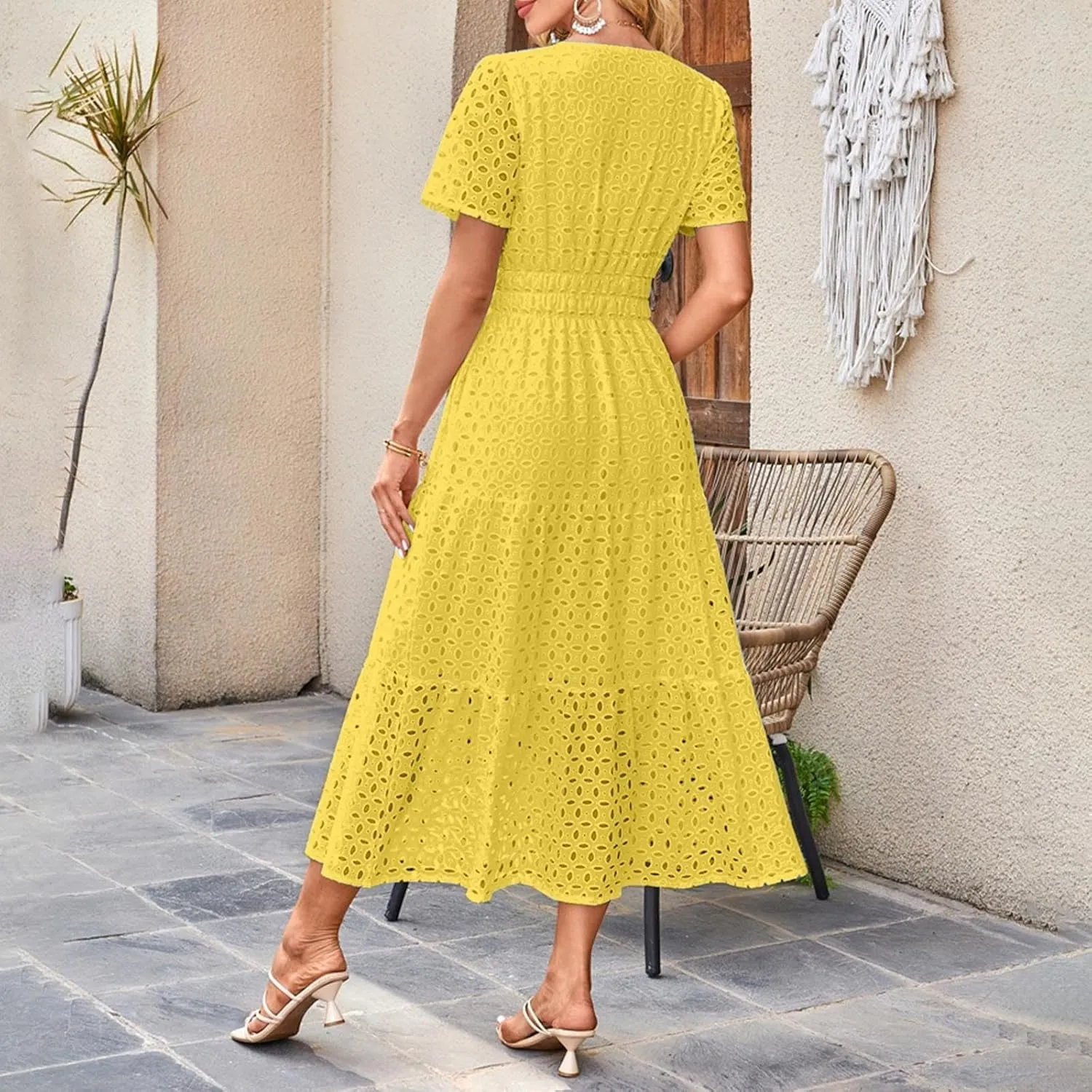 Women's 2025 Summer Maxi Dress V Neck Short Sleeve Hollow Out Casual Eyelet Ruffle Swing A Line Boho Long Dresses
