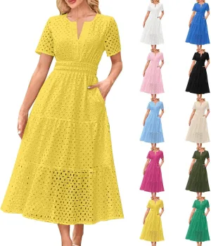 Women's 2025 Summer Maxi Dress V Neck Short Sleeve Hollow Out Casual Eyelet Ruffle Swing A Line Boho Long Dresses