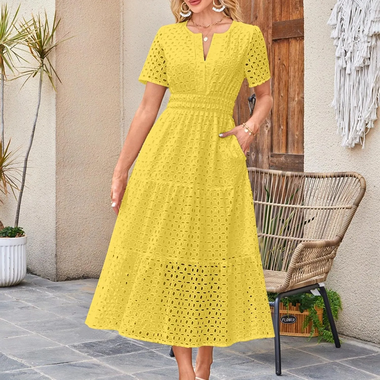 Women's 2025 Summer Maxi Dress V Neck Short Sleeve Hollow Out Casual Eyelet Ruffle Swing A Line Boho Long Dresses