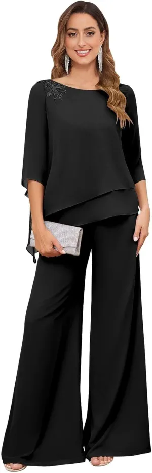 Women's 2PC Mother of The Bride Pants Suits for Wedding Lace Appliqued Chiffon Formal Outfit