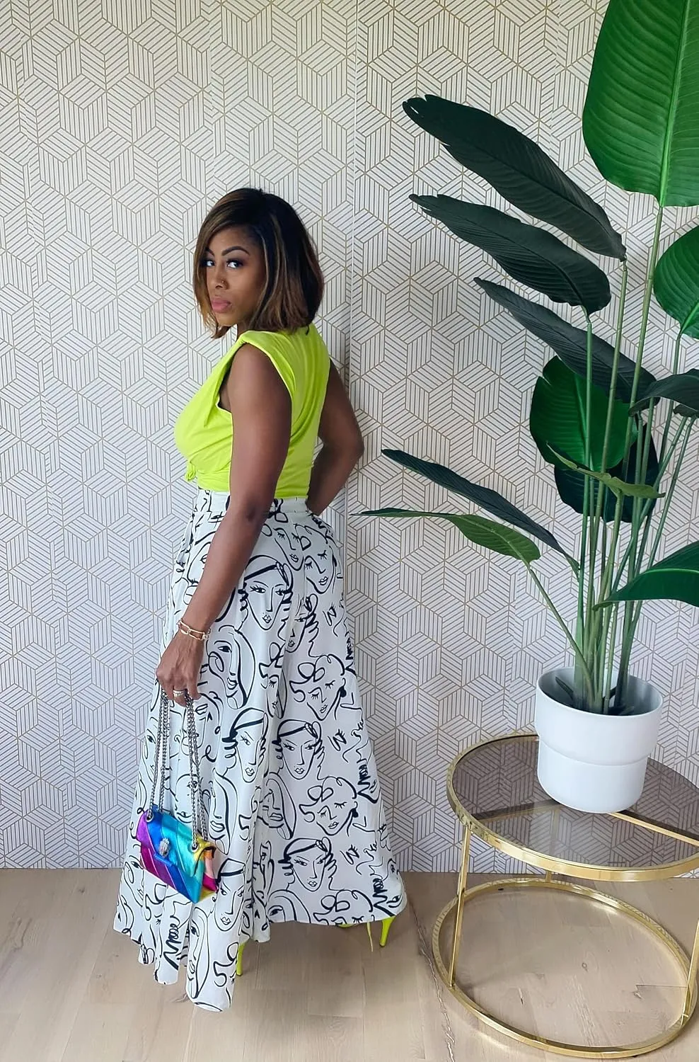 Women's Abstract Print Palazzo Wide Leg Pants White with Pockets Brunch Wedding Party Cocktail Night