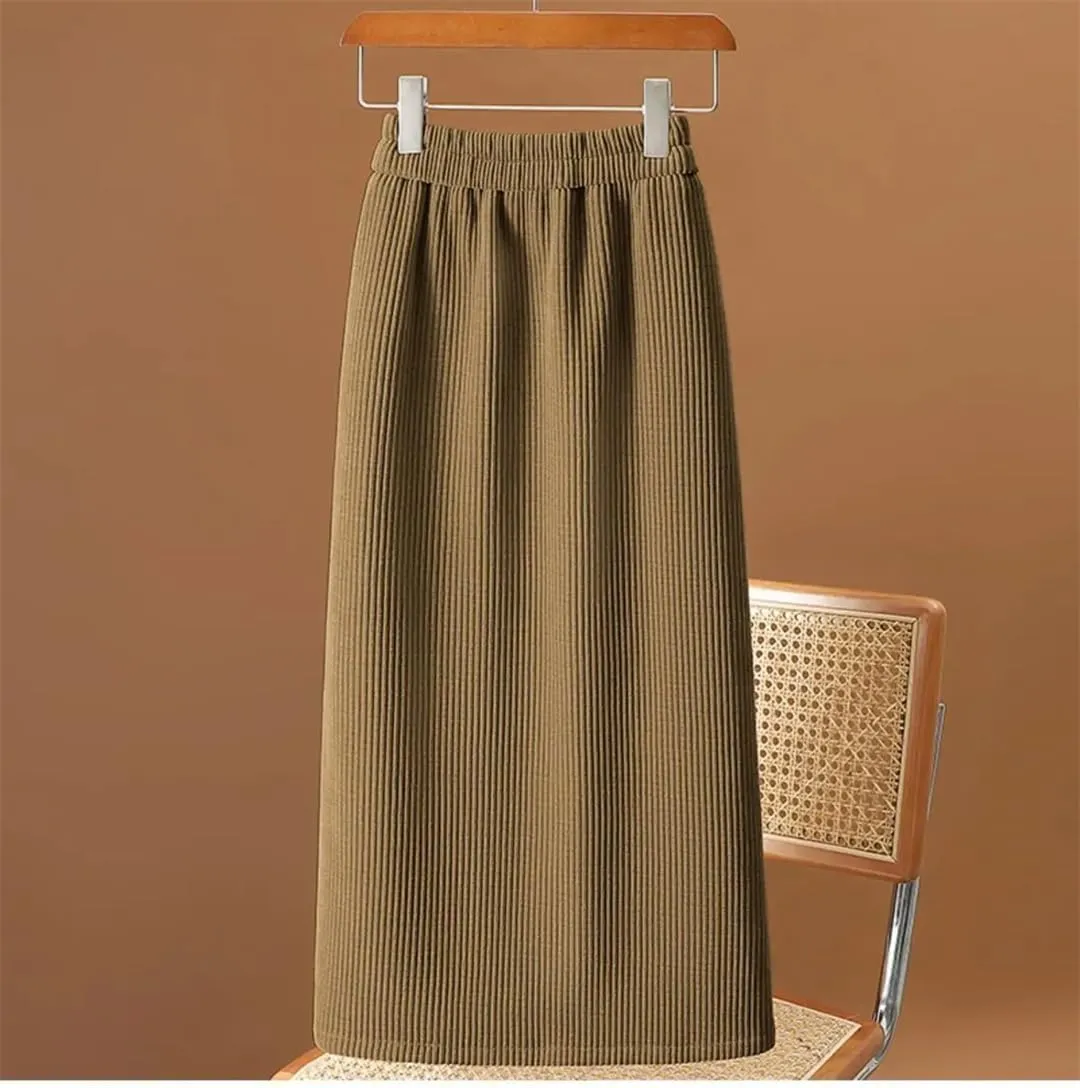 Women's Autumn Winter Corduroy Pencil Skirt with Elastic Waist Mid-Calf Length