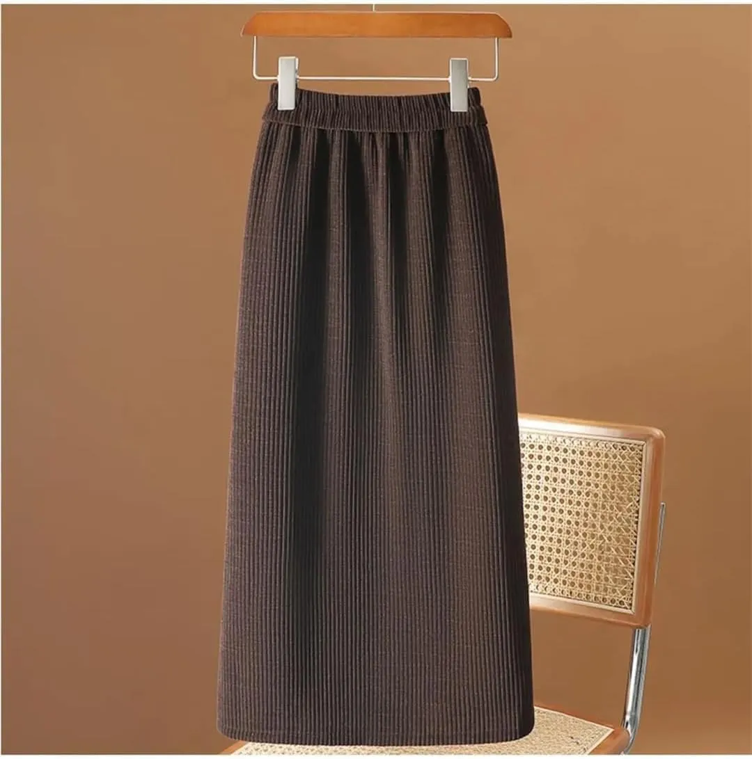 Women's Autumn Winter Corduroy Pencil Skirt with Elastic Waist Mid-Calf Length