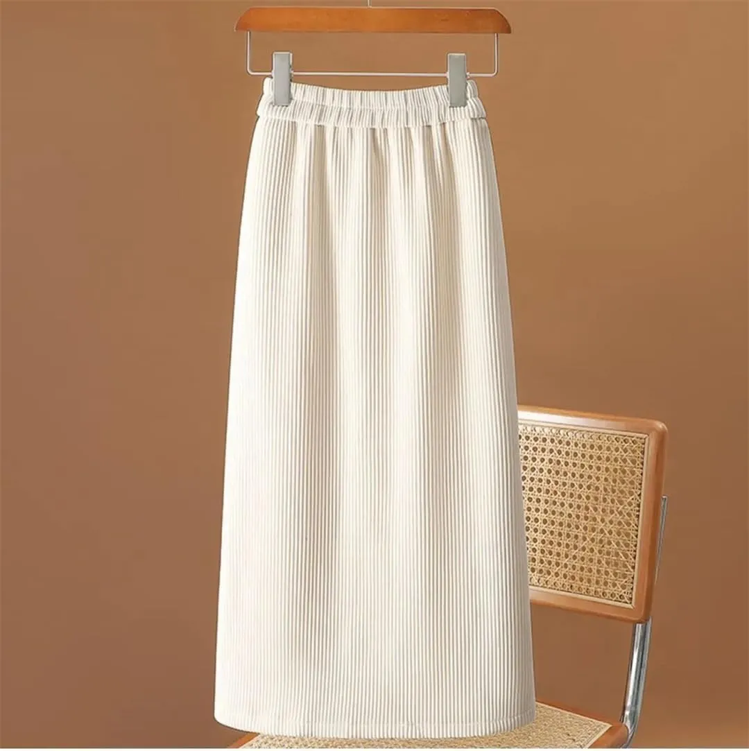 Women's Autumn Winter Corduroy Pencil Skirt with Elastic Waist Mid-Calf Length