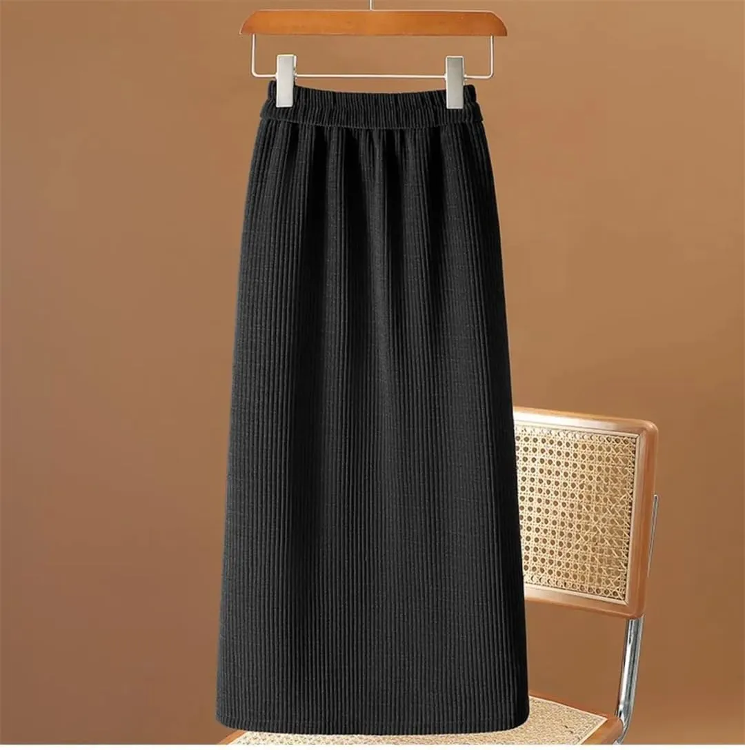 Women's Autumn Winter Corduroy Pencil Skirt with Elastic Waist Mid-Calf Length