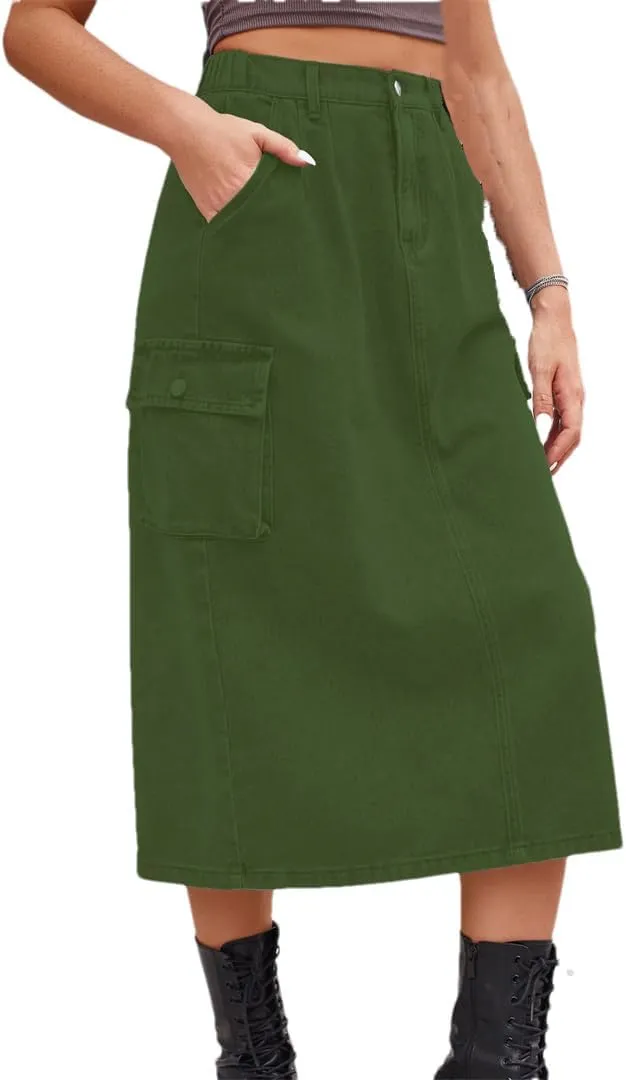 Women's Back Slit Big Pockets Denim Skirts High Waisted Button Down Midi Skirts Solid Color Casual Skirt
