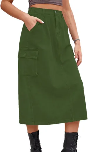 Women's Back Slit Big Pockets Denim Skirts High Waisted Button Down Midi Skirts Solid Color Casual Skirt