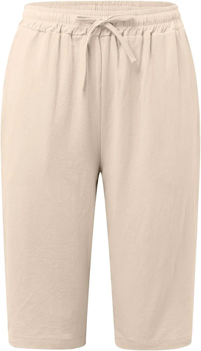 Womens Bermuda Shorts Solid Color Linen Casual Side Lace Summer Drawstring Pants with Pocket for Beach Vacations