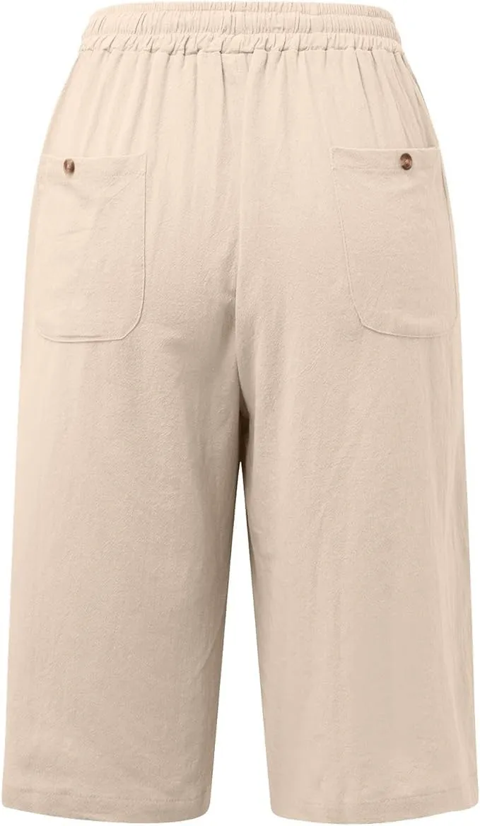 Womens Bermuda Shorts Solid Color Linen Casual Side Lace Summer Drawstring Pants with Pocket for Beach Vacations