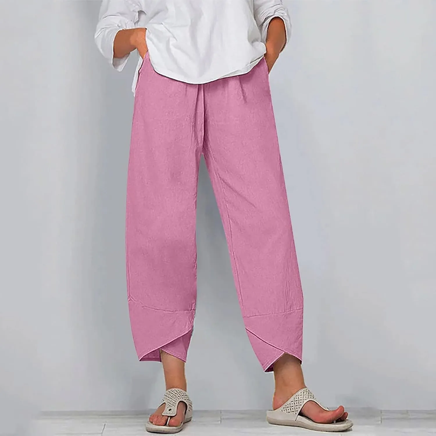 Womens Capris Pants Cotton Linen Boho Printed Cropped Baggy Trousers Summer Pallazzo Lounge Pants with Pockets