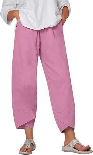 Womens Capris Pants Cotton Linen Boho Printed Cropped Baggy Trousers Summer Pallazzo Lounge Pants with Pockets