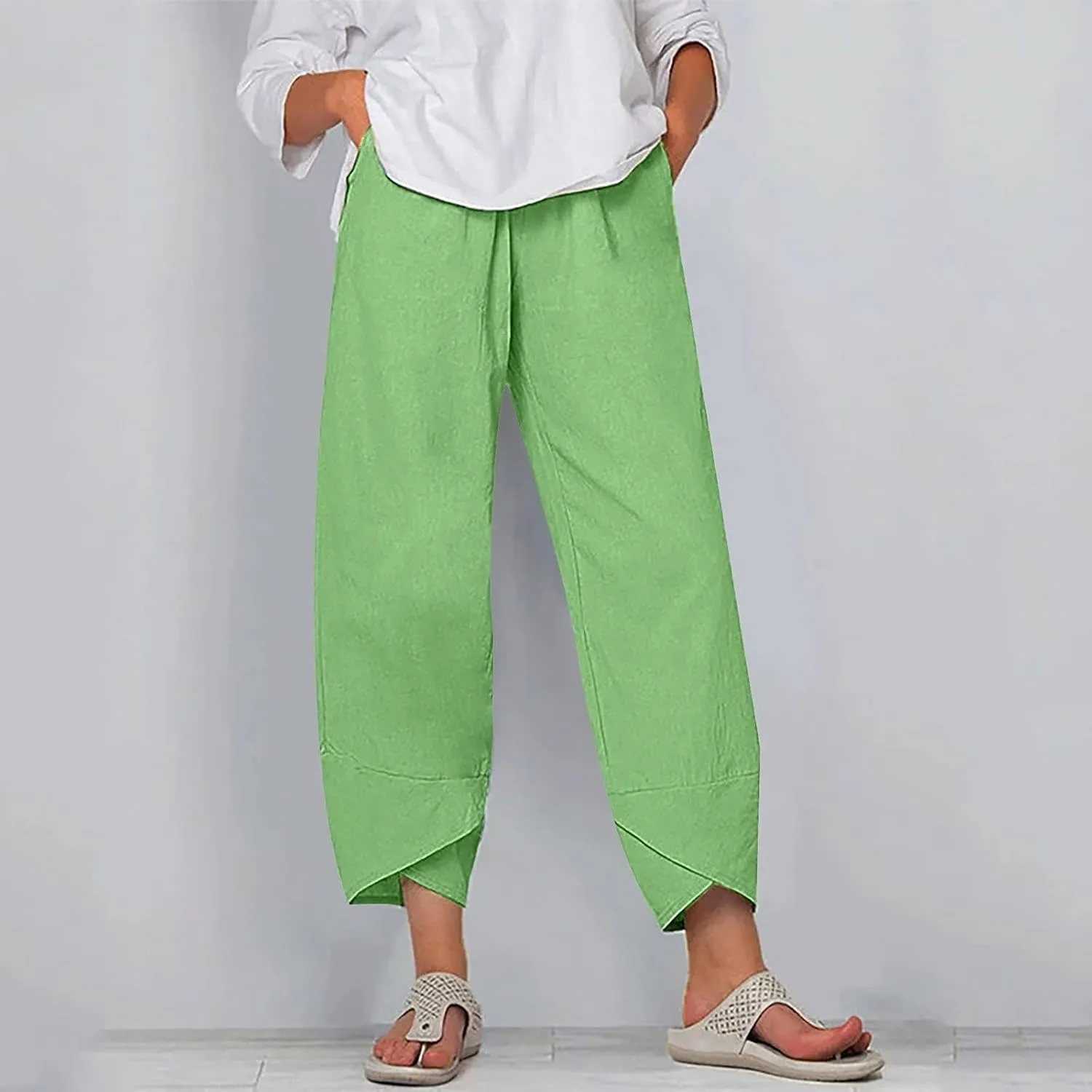 Womens Capris Pants Cotton Linen Boho Printed Cropped Baggy Trousers Summer Pallazzo Lounge Pants with Pockets