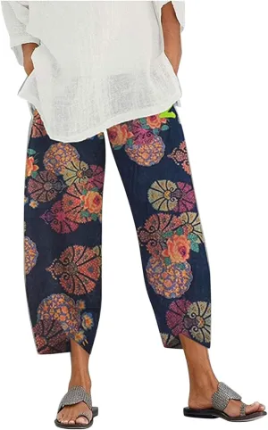 Womens Capris Pants Cotton Linen Boho Printed Cropped Baggy Trousers Summer Pallazzo Lounge Pants with Pockets