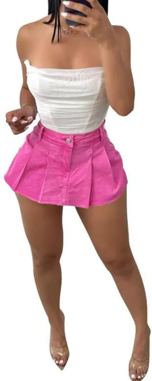 Womens Casual A-line Pleated Ruffle Short Mini Denim Skirts Frayed Fringe Hem Skirt Shorts