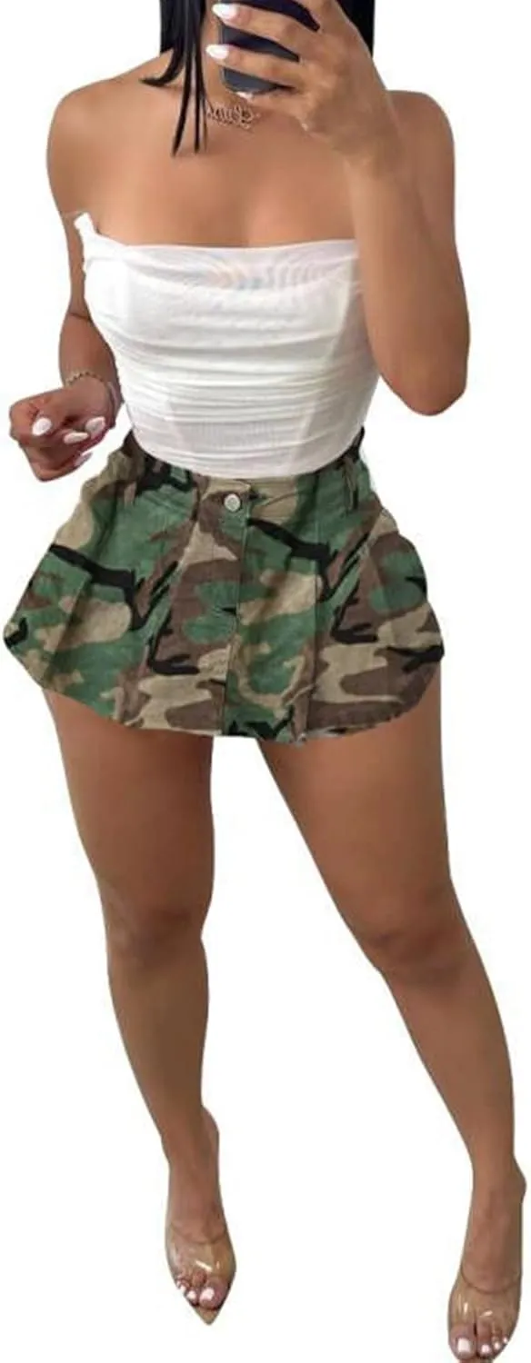 Womens Casual A-line Pleated Ruffle Short Mini Denim Skirts Frayed Fringe Hem Skirt Shorts