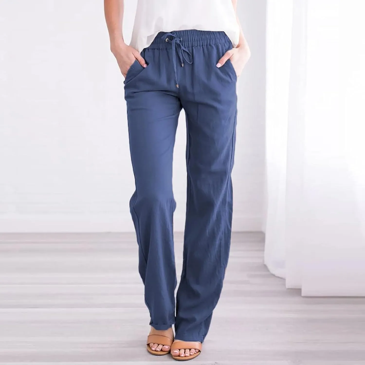 Womens Casual Cotton Linen Pants Lightweight Elastic Waist Pant Summer Fall Lounge Plain Drawstring Trousers, Large