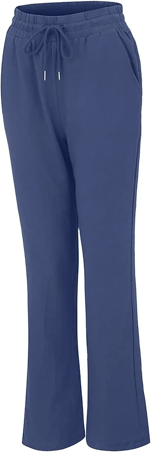 Womens Casual Cotton Linen Pants Lightweight Elastic Waist Pant Summer Fall Lounge Plain Drawstring Trousers, Large