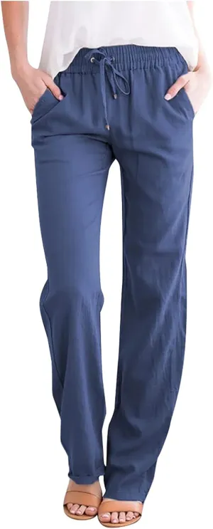 Womens Casual Cotton Linen Pants Lightweight Elastic Waist Pant Summer Fall Lounge Plain Drawstring Trousers, Large