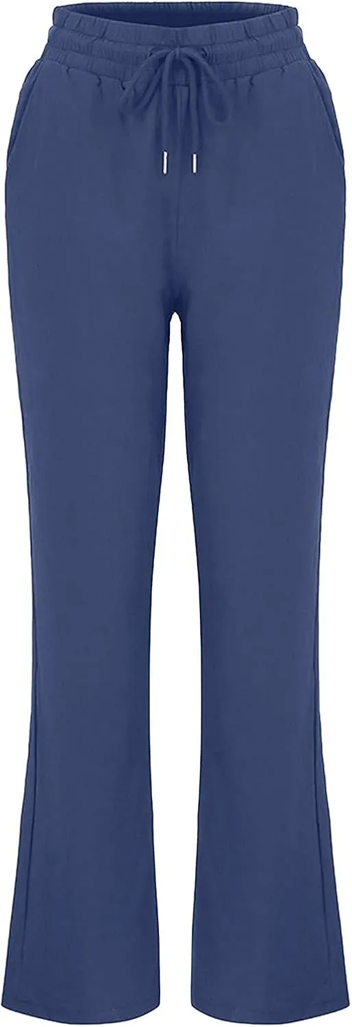 Womens Casual Cotton Linen Pants Lightweight Elastic Waist Pant Summer Fall Lounge Plain Drawstring Trousers, Large