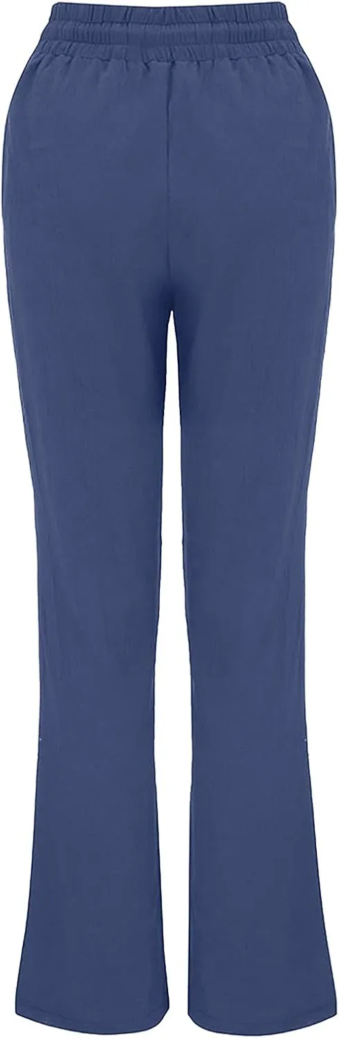 Womens Casual Cotton Linen Pants Lightweight Elastic Waist Pant Summer Fall Lounge Plain Drawstring Trousers, Large