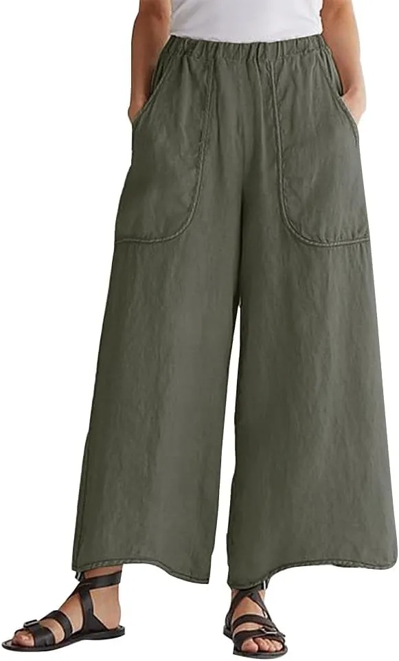 Womens Casual Middle Elastic Waisted Cotton Linen Wide Leg Pants with Pockets Cropped Trousers for Women
