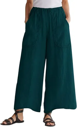 Womens Casual Middle Elastic Waisted Cotton Linen Wide Leg Pants with Pockets Cropped Trousers for Women