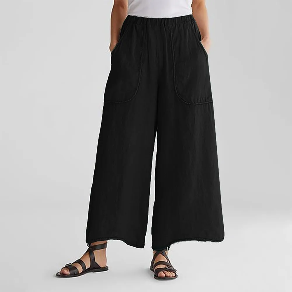 Womens Casual Middle Elastic Waisted Cotton Linen Wide Leg Pants with Pockets Cropped Trousers for Women