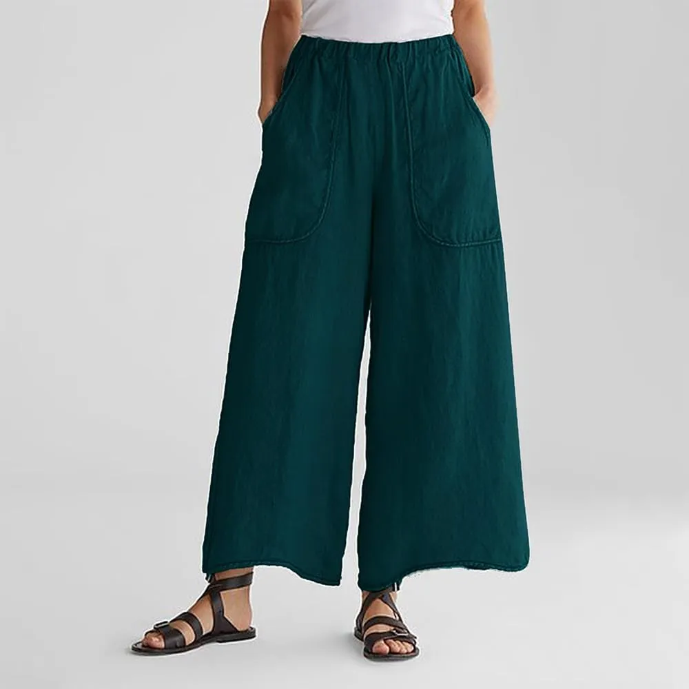 Womens Casual Middle Elastic Waisted Cotton Linen Wide Leg Pants with Pockets Cropped Trousers for Women