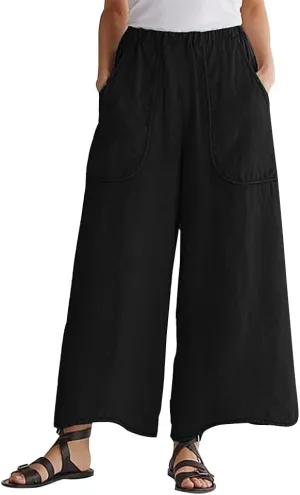 Womens Casual Middle Elastic Waisted Cotton Linen Wide Leg Pants with Pockets Cropped Trousers for Women
