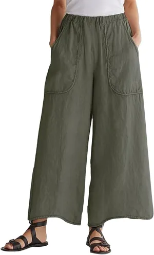 Womens Casual Middle Elastic Waisted Cotton Linen Wide Leg Pants with Pockets Cropped Trousers for Women