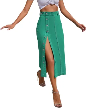 Women's Casual Slit Midi Denim Skirt High Waisted Button Front Split Slim Fit Pencil Jean Skirts