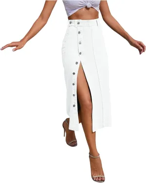 Women's Casual Slit Midi Denim Skirt High Waisted Button Front Split Slim Fit Pencil Jean Skirts