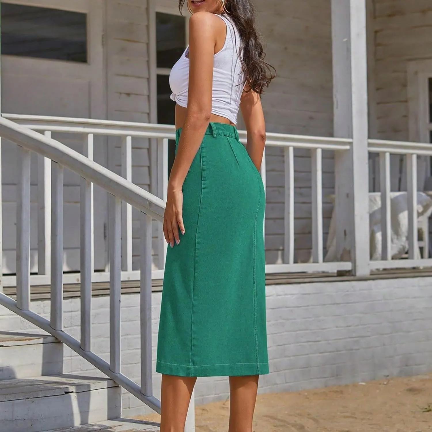 Women's Casual Slit Midi Denim Skirt High Waisted Button Front Split Slim Fit Pencil Jean Skirts