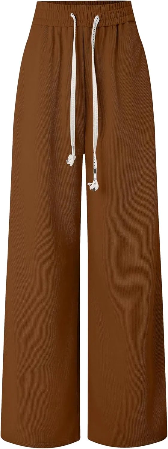 Women's Corduroy Loose Mid Rise Pant Casual Fall Straight Leg Elastic Waist Pants with Pockets