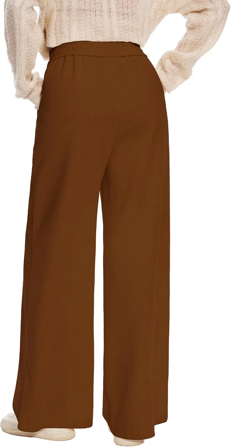Women's Corduroy Loose Mid Rise Pant Casual Fall Straight Leg Elastic Waist Pants with Pockets