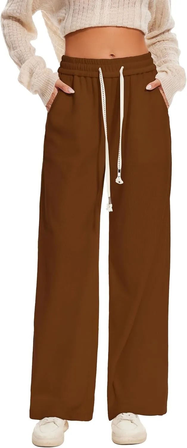 Women's Corduroy Loose Mid Rise Pant Casual Fall Straight Leg Elastic Waist Pants with Pockets