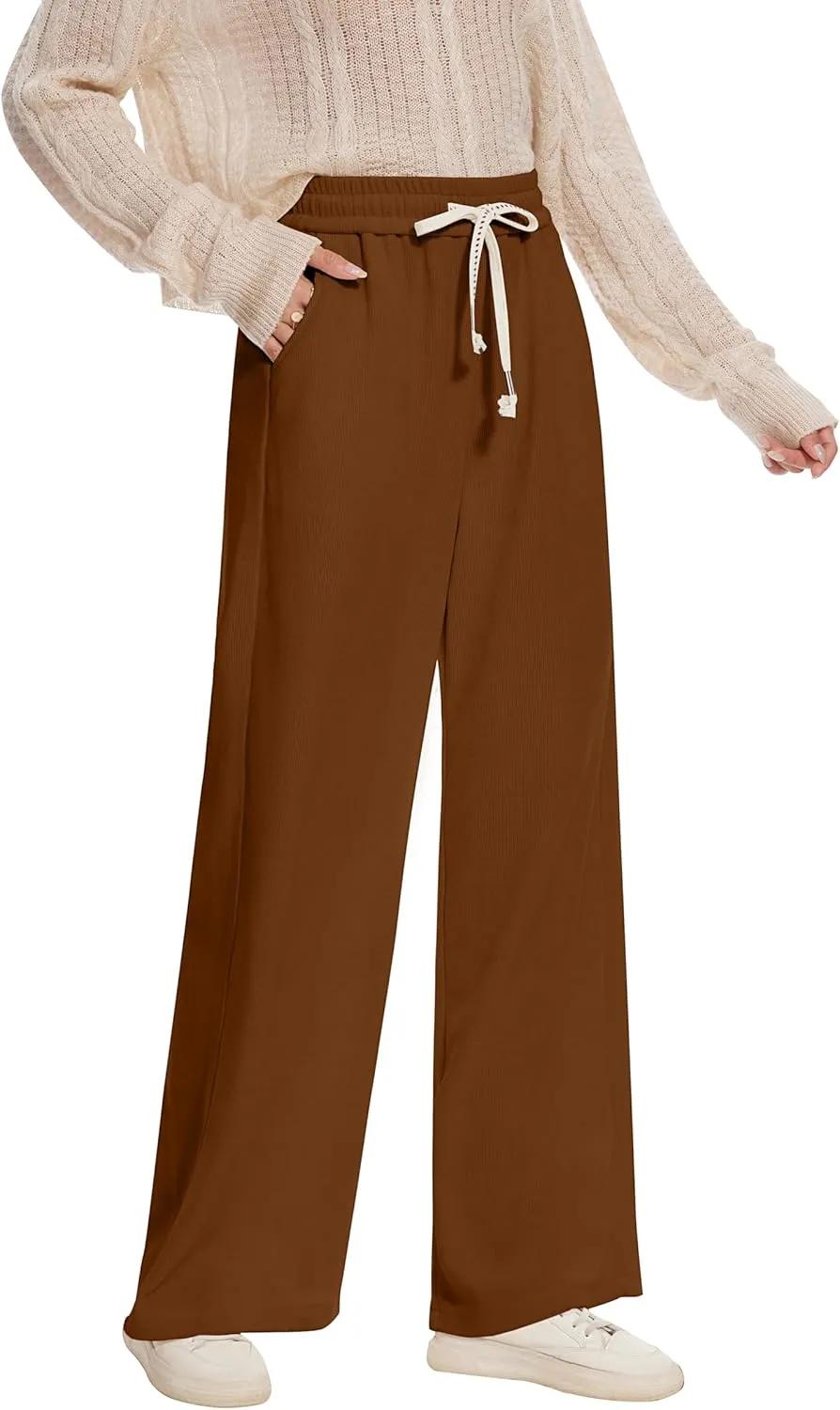 Women's Corduroy Loose Mid Rise Pant Casual Fall Straight Leg Elastic Waist Pants with Pockets